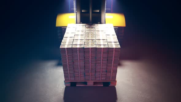 Yellow forklift loading palette full of dollar bills into an armoured truck 4KHD