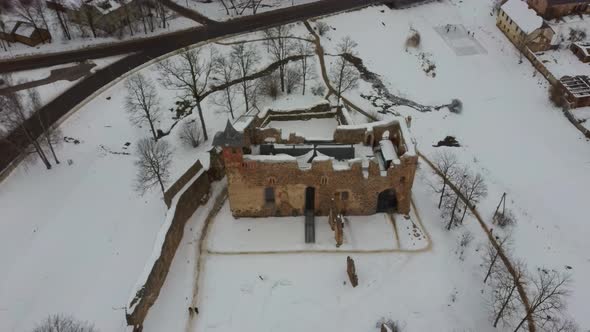 Ruins of Ancient Livonian Order's Stone Medieval Castle Latvia Aerial Drone Top Shot 