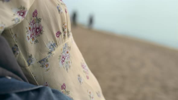 Charming Lady Rest Standing Sandy Beach Wearing Flowery Dress Sunny Day Close Up