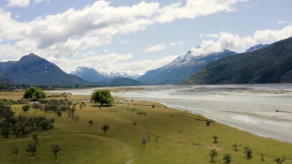 Valley in New Zealand - Isengard lookout near Routeburn track and Glenorchy, aerial footage in 4k