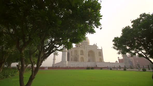Taj Mahal side view from green garden.