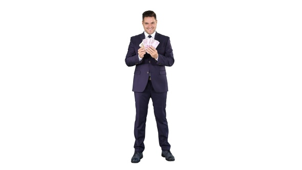 Business man showing euro banknotes smiling on white background.