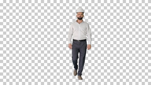 Businessman in formal wear and white hardhat walking, Alpha Channel