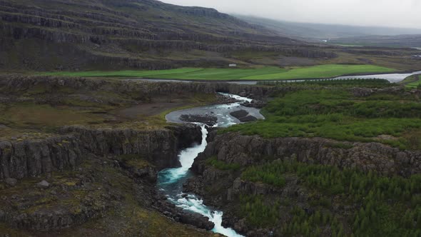 Aerial View of Fossa River and Cascades in Landmannalaugar Valley South Iceland