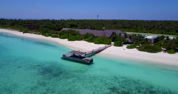 Tropical fly over travel shot of a summer white paradise sand beach and blue ocean background in col