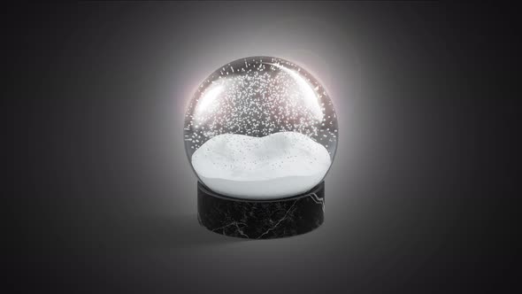 Blank glass snowglobe with snowfall, looped motion, dark background