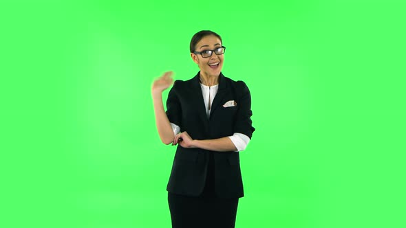 Woman Waving Hand and Showing Gesture Come Here. Green Screen