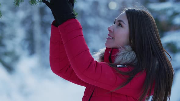 Woman touching a snowy branch