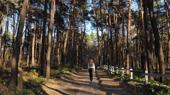 The girl is walking in the woods