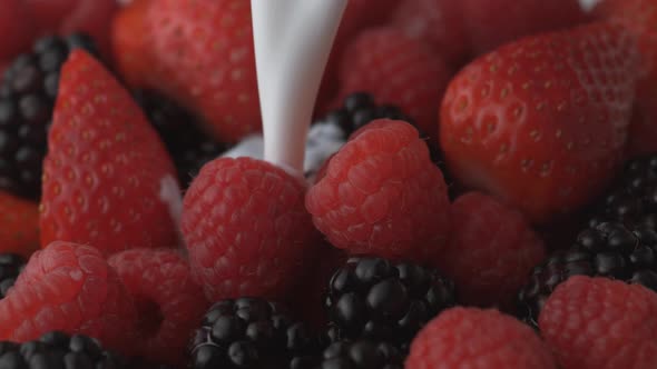 Strawberry, blackberry and raspberry in a bowl pouring with milk. Slow Motion.