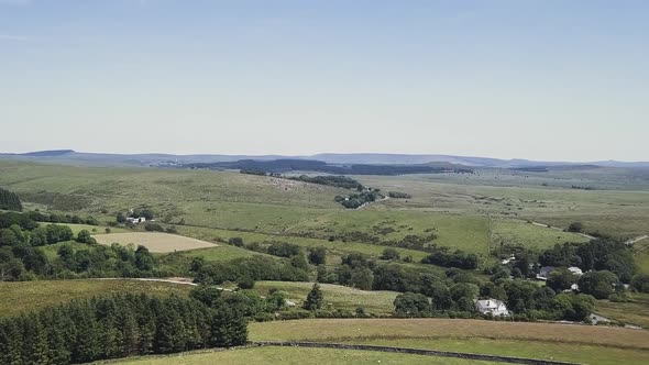 Aerial view of Dartmoor National Park's hilltops. Panorama view of English National Park.