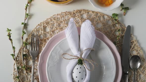 Beautiful Festive Easter Table Setting with Napkin Easter Bunny. Easter Table Setting for the