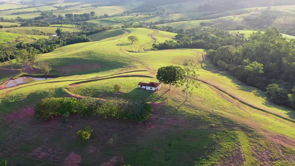 Sunset at farming landscape at countryside rural scenery.