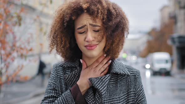 Female Portrait Young Sad Curly African American Girl Woman Feeling Sore Throat Discomfort Coughing