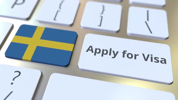 APPLY FOR VISA Text and Flag of Sweden on the Computer Keyboard