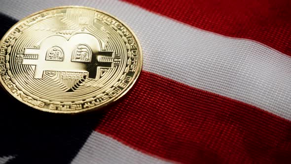 Crypto Currency Bitcoin Against Usa Flag