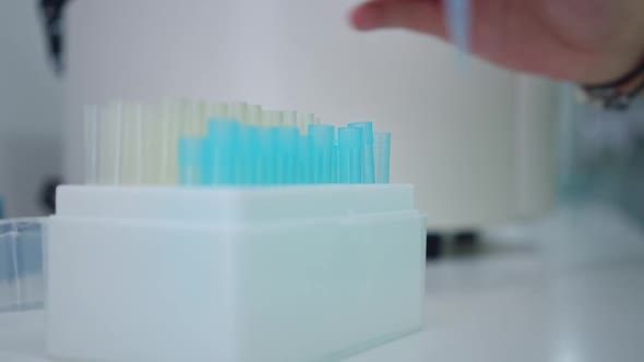 Closeup Box in Laboratory with Female Caucasian Hand Inserting Test Tube