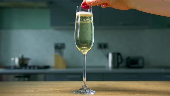 Female hand dropping raspberry into glass with champaign. Close up