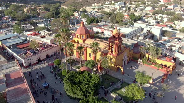 Saint Sebastian's Temple - Catholic Church in Bernal, Querétaro, Mexico - aerial drone shot