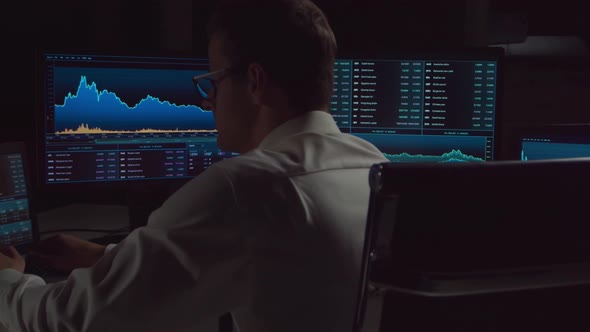 Trader working in office at night using workstation and analysis technology.