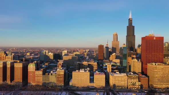 Urban Skyline of Chicago in Winter Morning