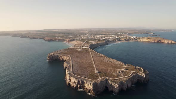 Drone shot of sagres viewpoint and museum in the cape, Portugal