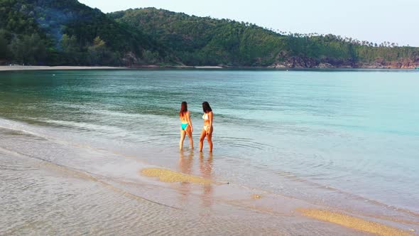 Ladies enjoying life on beautiful seashore beach journey by blue water and white sandy background of