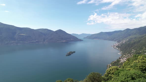 Idyllic island Brissago in the wonderful mountain panorama in Ticino, aerial