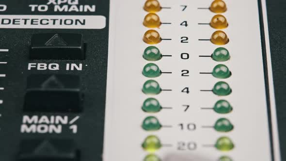 Macro Shot of Stereo LED Indicator on Mixing Console with Pulsating Sound Level