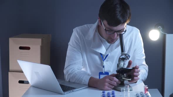 Scientist Lab Coat Eyeglasses Working Workplace Laptop Laboratory