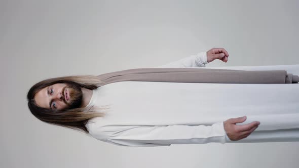 Jesus Stretches Out His Hand Leads Behind Him on a White Background