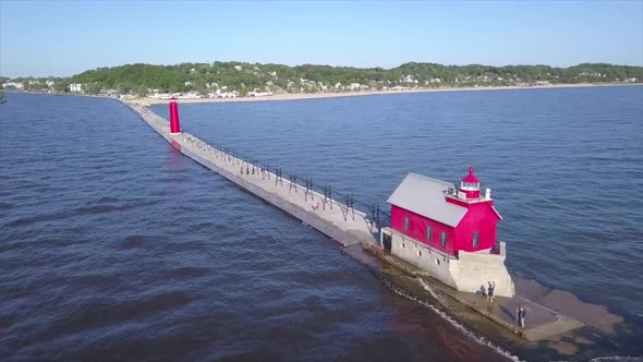 Drone shot of a lighthouse in Grand Haven, Michigan