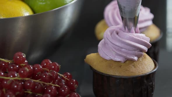 Putting Blueberry Butter Cream on Tasty Cake. Close Up Dolly Shot