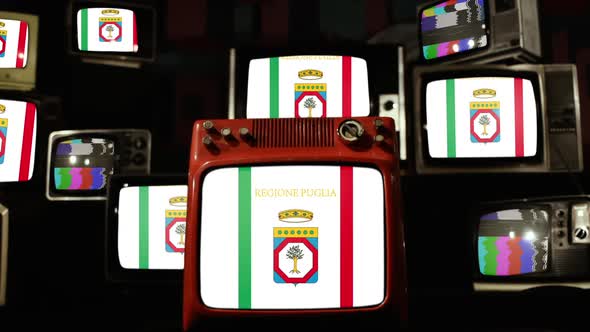 Flag of Apulia, Italy Region, and Old Retro TV Sets.