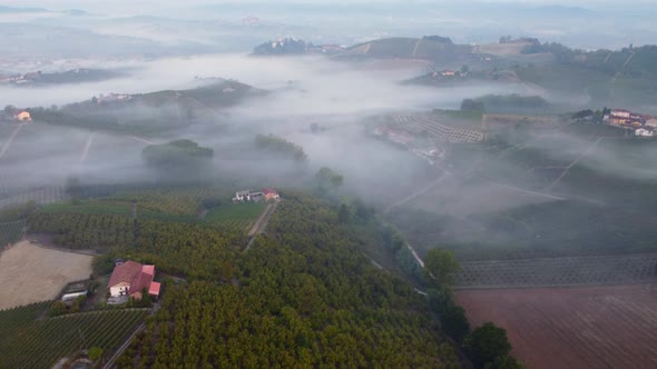 Langhe Hills with Fog Aerial View