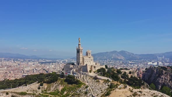 Aerial Panoramic View Shot From Flying Drone Marseille European Port Town Southern Part of France on