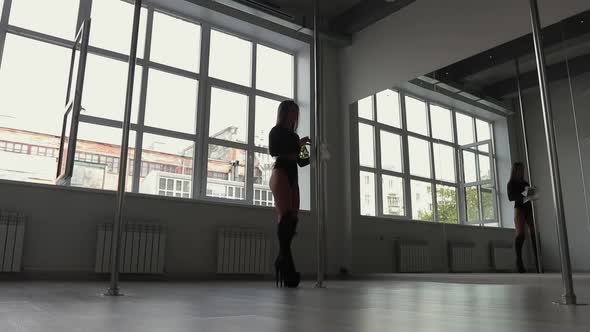 Flexible Woman Dancing on Pole in Studio