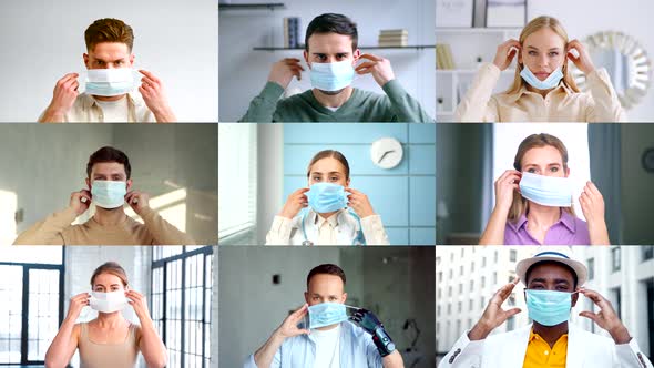 Young people of different nationalities wear a blue medical mask. Handsome people with medical mask