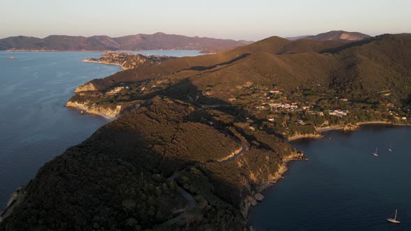 Aerial view of Capo d'Enfola at sunset, Elba Island, Tuscany, Italy.