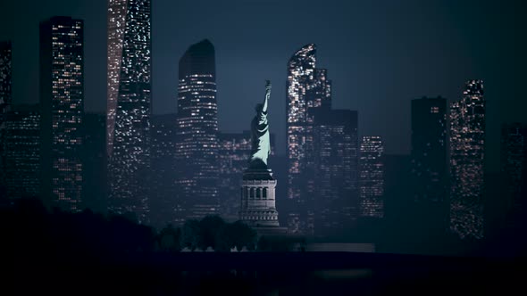 Statue of Liberty On The Night Skyscrapers Background