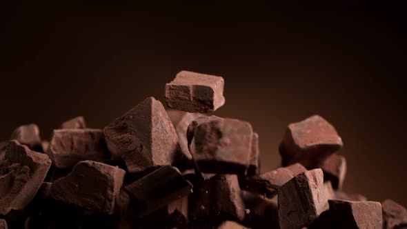 Super Slow Motion Shot of Raw Chocolate Chunks After Being Exploded at 1000Fps