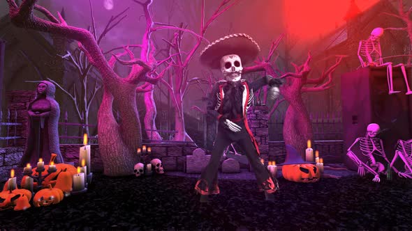 Mariachi skeleton salsa dancing in a graveyard party