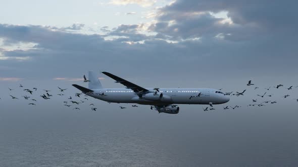 Passenger Plane Plunging into a Flock of Birds