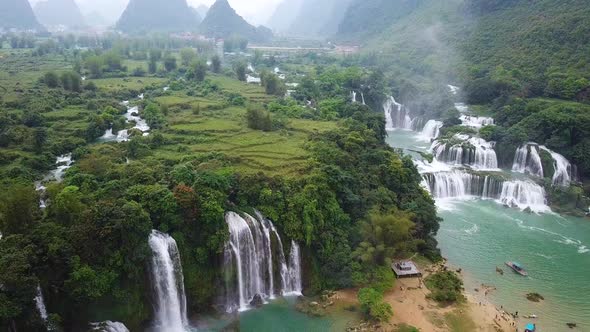 Aerial view, panorama view of beautiful waterfall