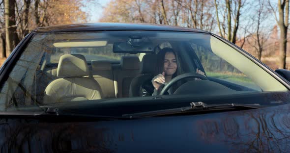 Closeup Portrait Displeased Angry Pissed Off Aggressive Woman Driving Car