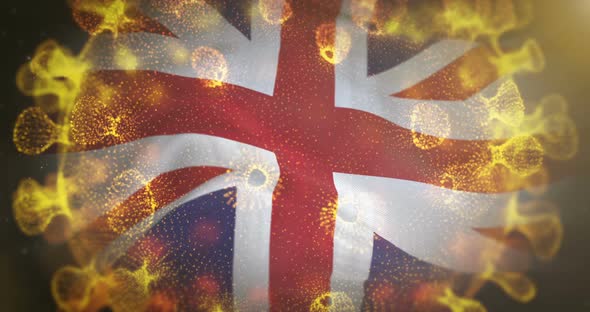 United Kingdom Flag With Corona Virus Bacteria Centered 4K alt