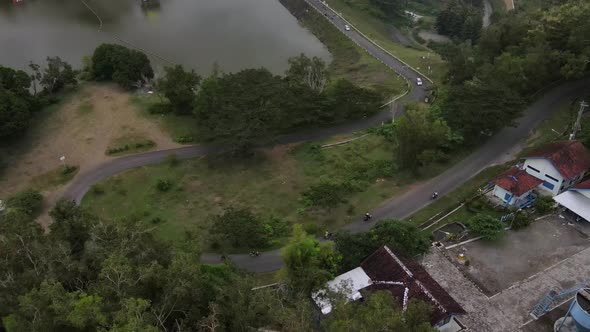 Aerial view of the Sermo reservoir in the late afternoon, the largest reservoir in Yogyakarta and th