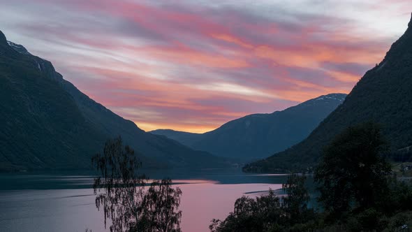 Colorful Sky During Sunset Over Fjord And Mountains Near Leon Village In Stryn, Vestland, Norway. -