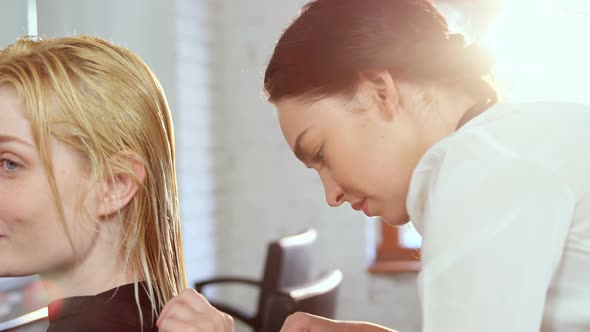 Hairstylist giving haircut to her client