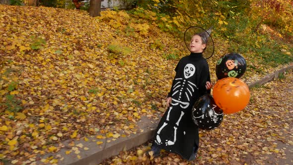 A Boy in a Halloween Costume Walks Along a Path Covered with Yellow Leaves